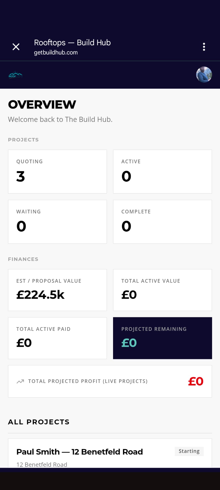 BuildHub app overview — project dashboard on mobile