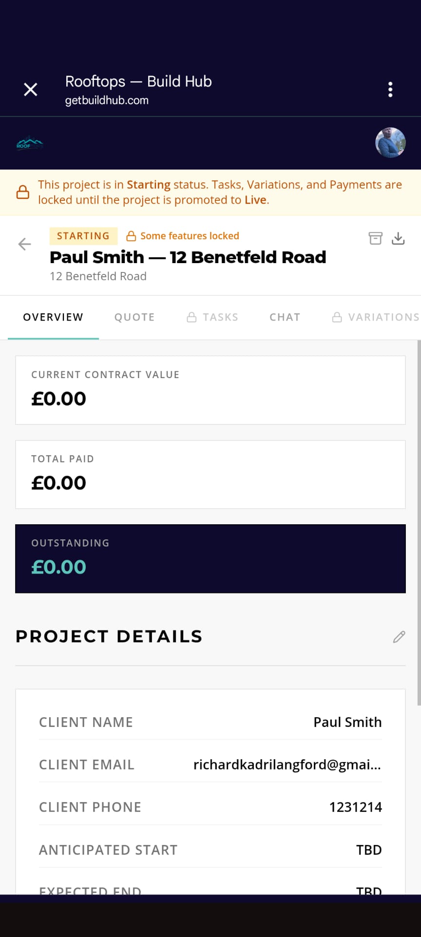 BuildHub project detail view showing task breakdown