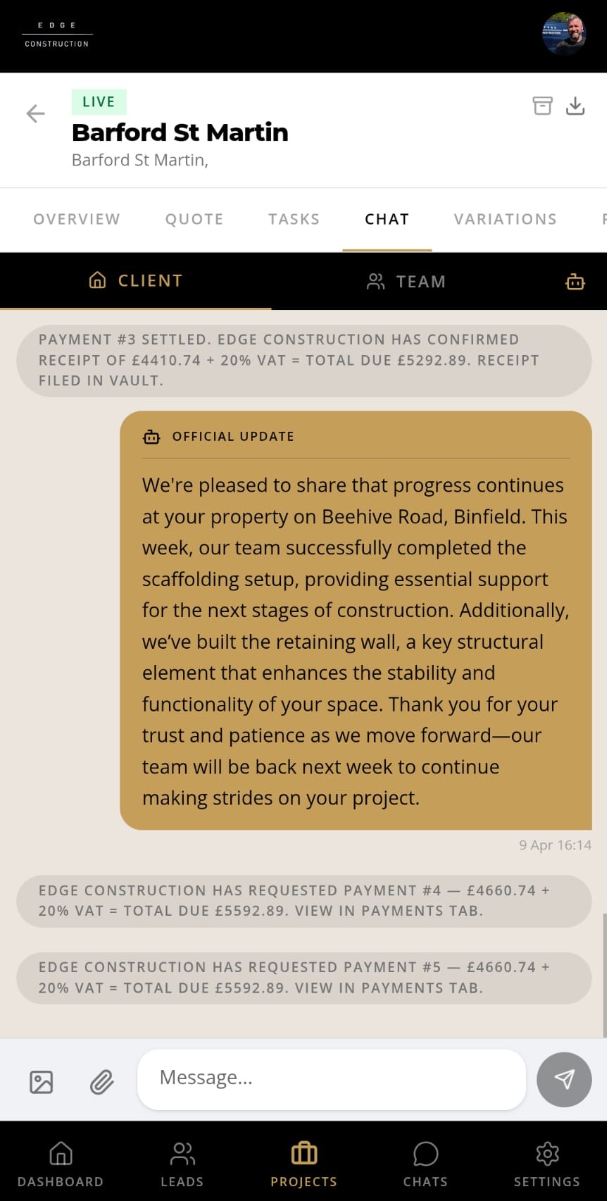 Customer chat in one thread — BuildHub app screenshot